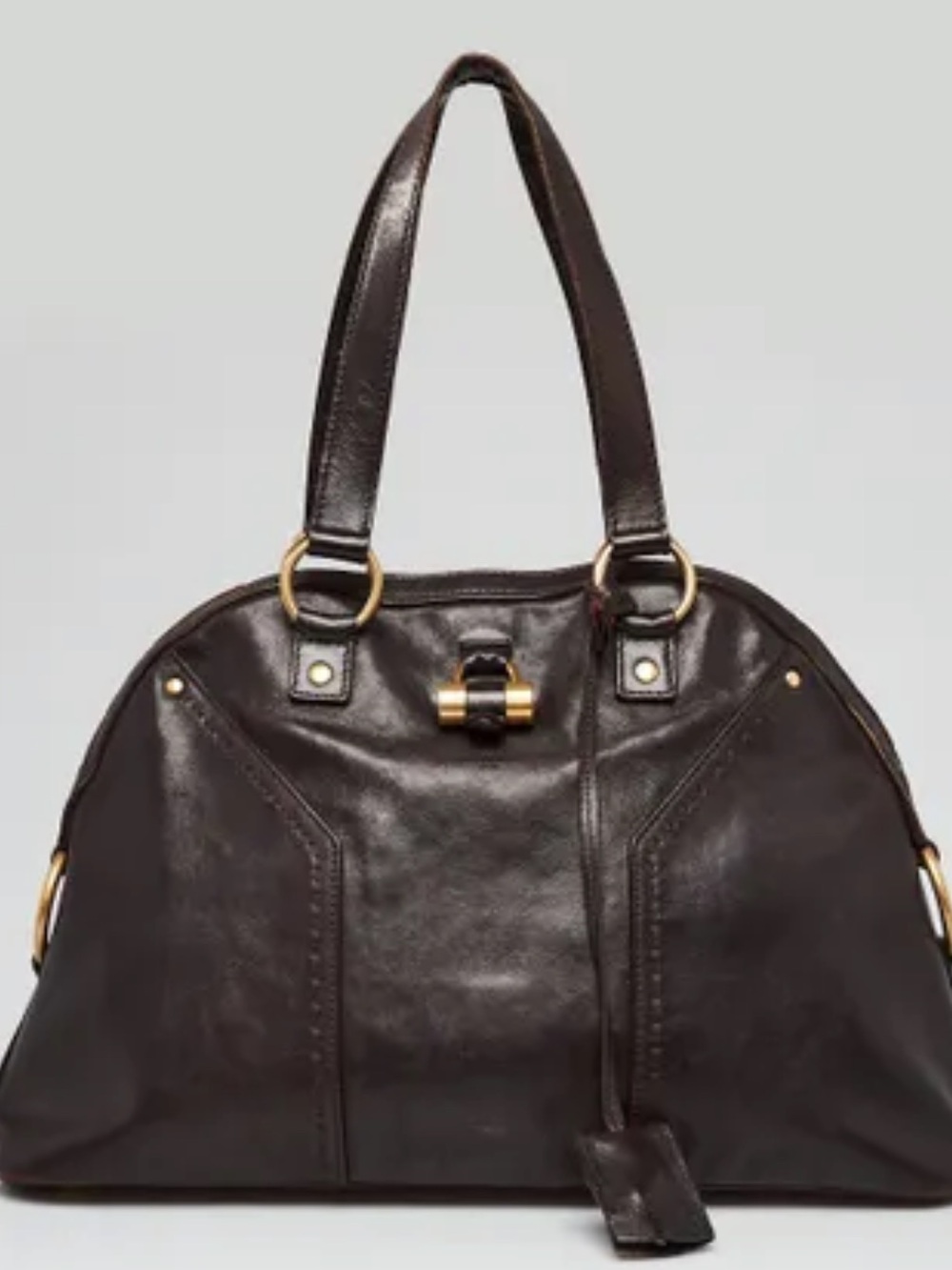 Vintage-Yves Saint Laurent Dark Brown Leather Shoulder Bag with Gold Hardware